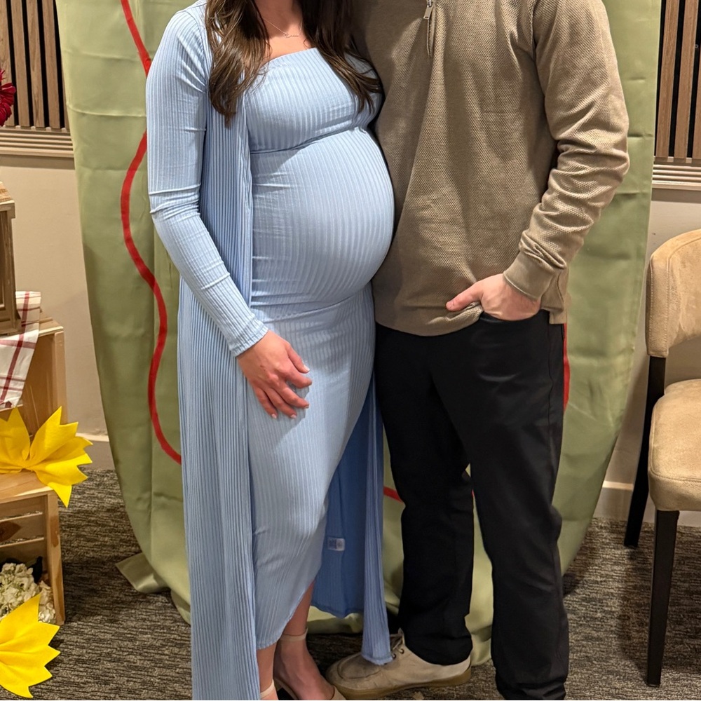 Pinkblush Elegant Long Sleeve Light Blue Maternity Dress - Picture 2 of 2